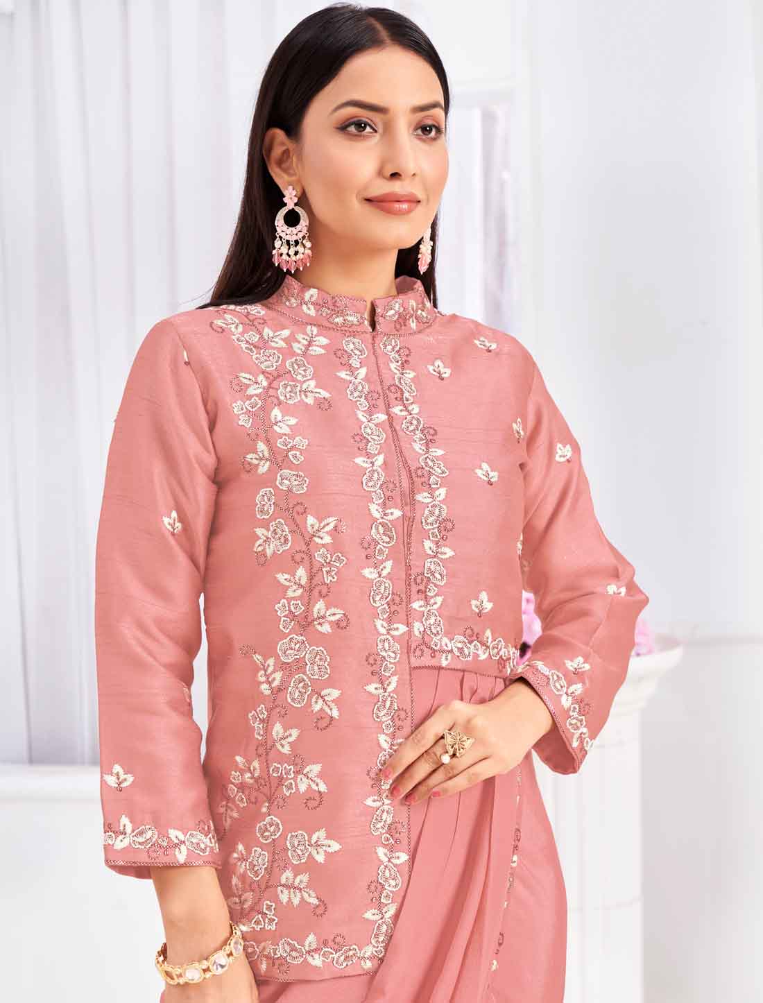 Pink Ethnic Tussar Silk Top with Saree An Jacket & Choli For Women
