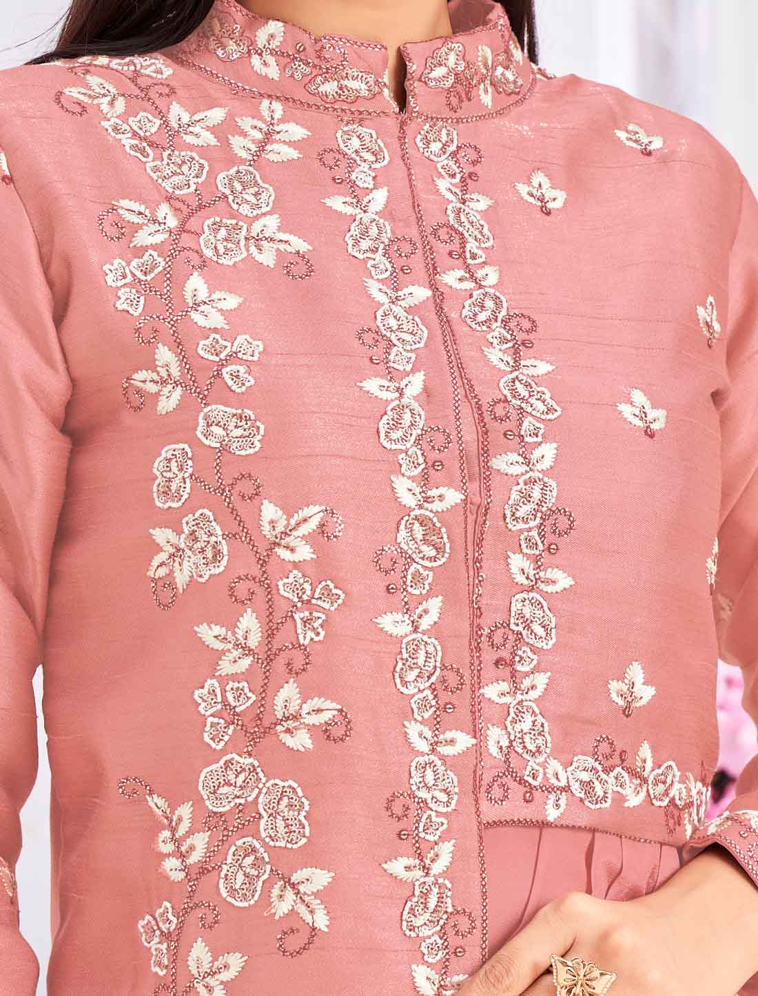 Pink Ethnic Tussar Silk Top with Saree An Jacket & Choli For Women