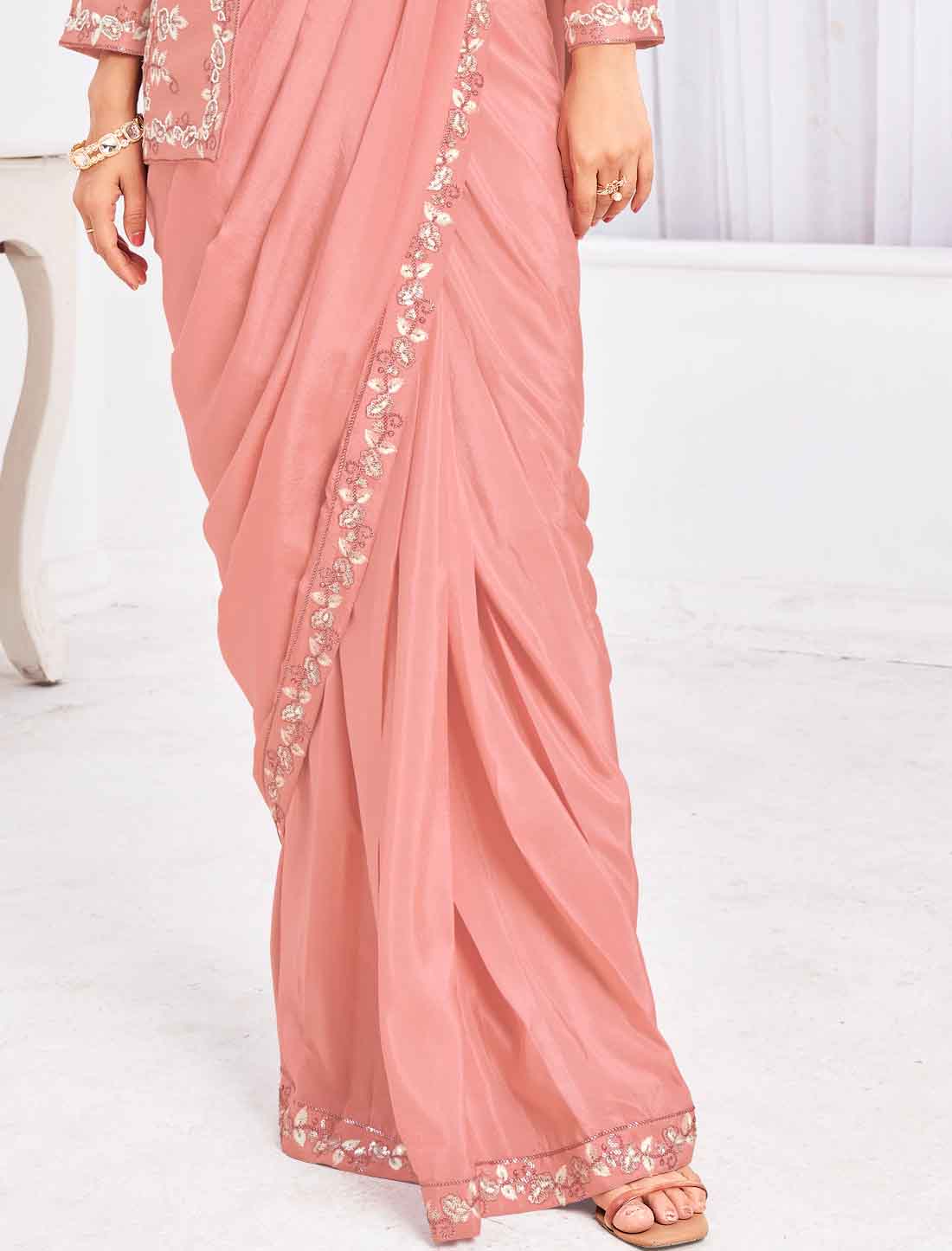 Pink Ethnic Tussar Silk Top with Saree An Jacket & Choli For Women