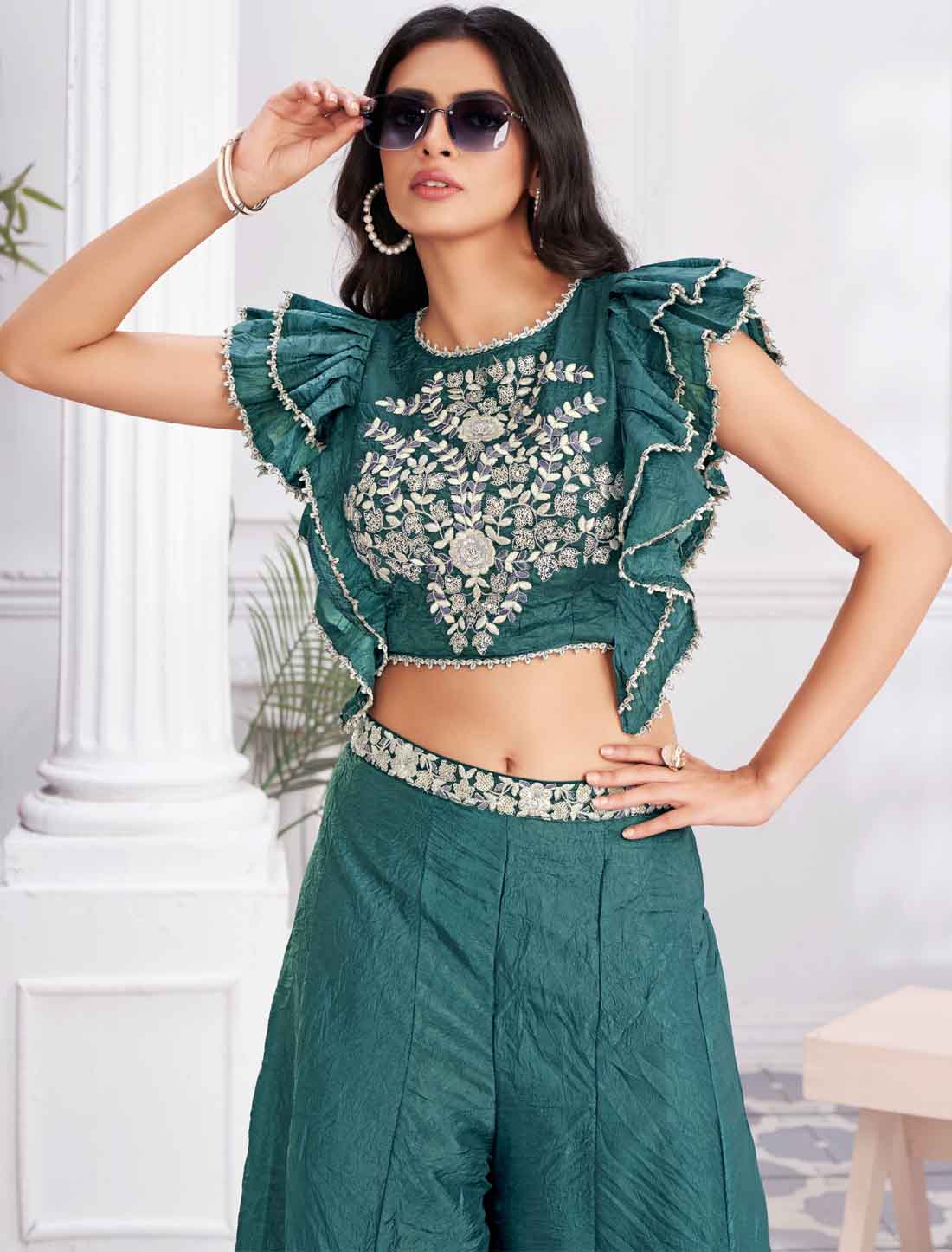 Blue Elegant Shimmer Georgette Fancy Crop Top with Sharara an Choli
