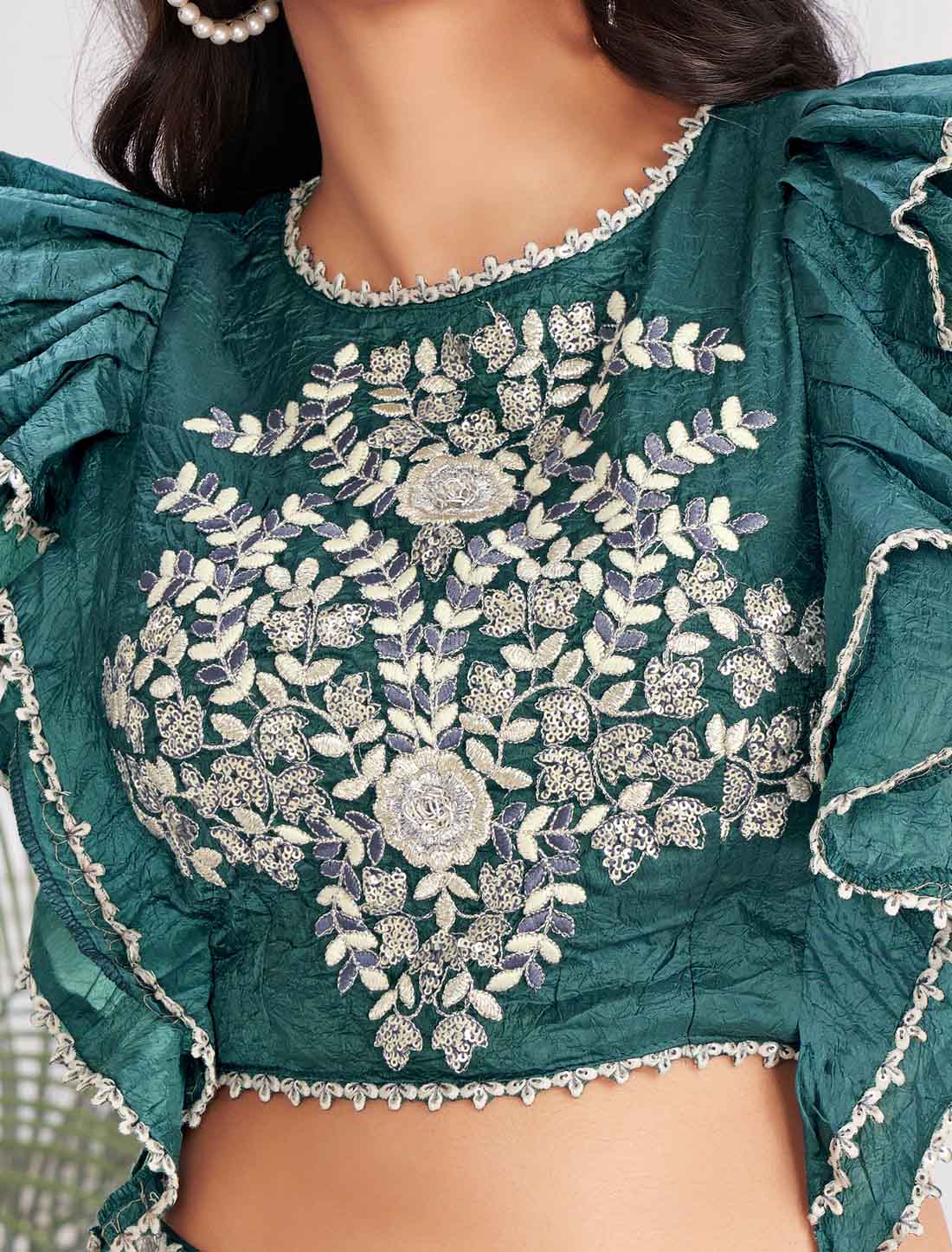 Blue Elegant Shimmer Georgette Fancy Crop Top with Sharara an Choli