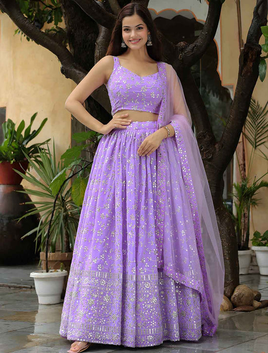 Lavender Georgette With Soft Net Embroidery Ethnic Lehenga Choli