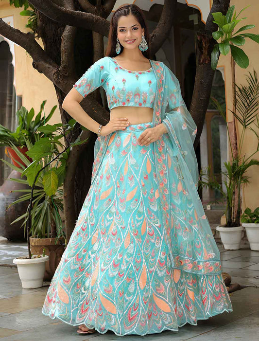 Sky Blue Soft Net With Sequins Embroidery Ethnic Lehenga Choli