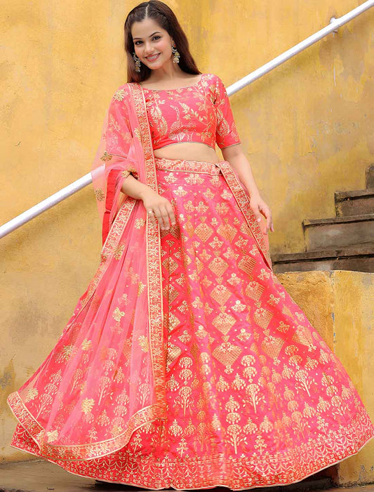 Ethnic Peach Slub Silk With Soft Net Zari Embroidery Lehenga Choli