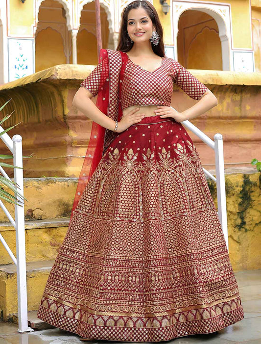 Ethnic Maroon Raw Silk Zari Sequins Embroidery Lehenga Choli