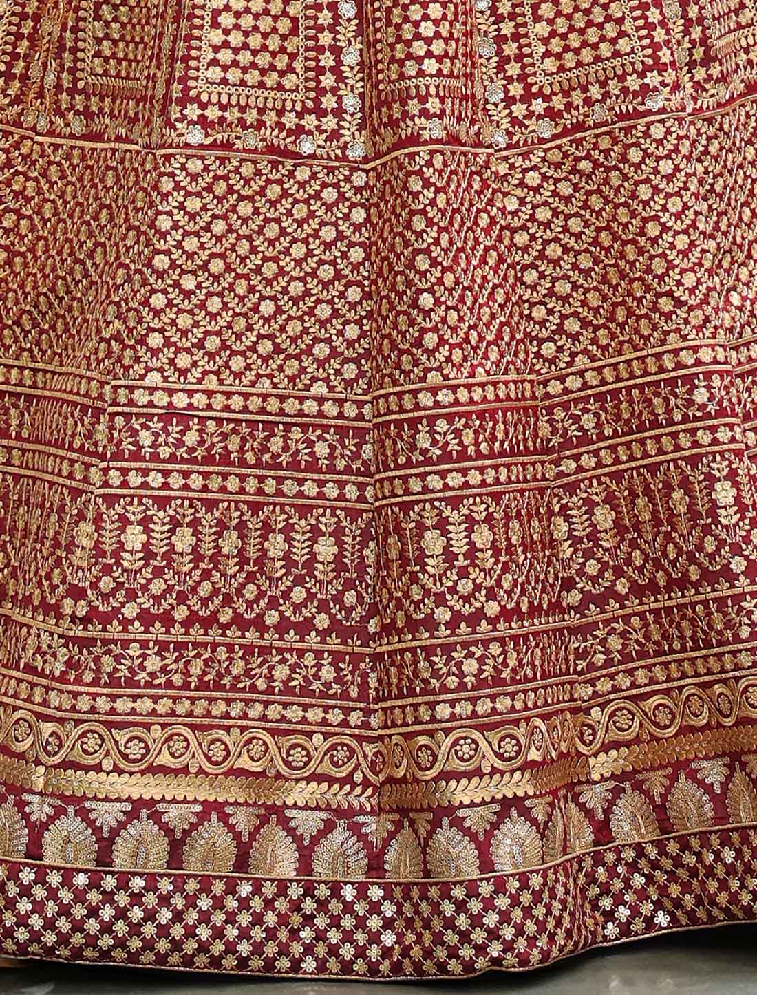 Ethnic Maroon Raw Silk Zari Sequins Embroidery Lehenga Choli