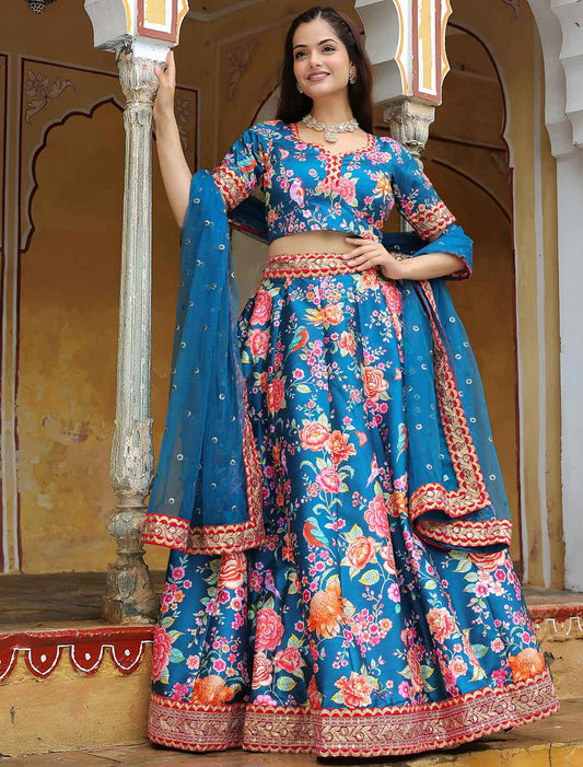 Blue Ethnic Art Silk Sequins Embroidery With Diamond Lehenga Choli