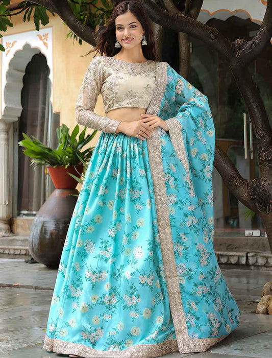 Sky Blue Organza Floral Print Sequins Embroidery Ethnic Lehenag Choli