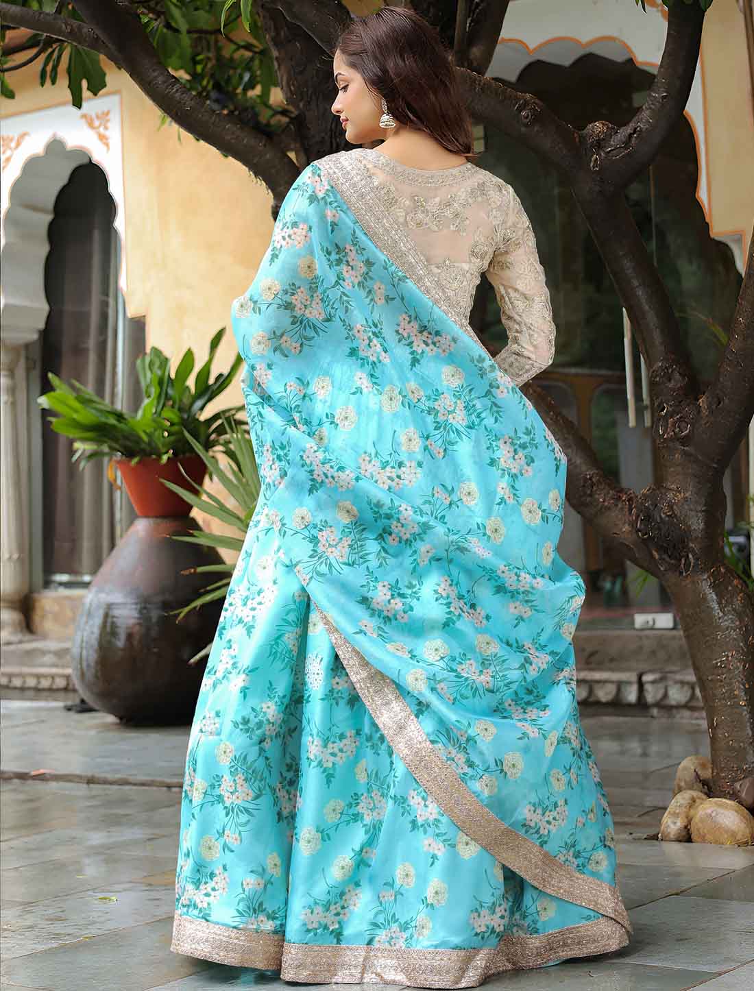 Sky Blue Organza Floral Print Sequins Embroidery Ethnic Lehenag Choli