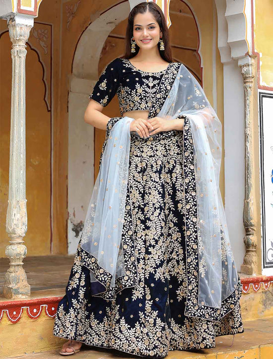 Navy Blue Velvet Ethnic Embroidery With Diamond Lehenga Choli