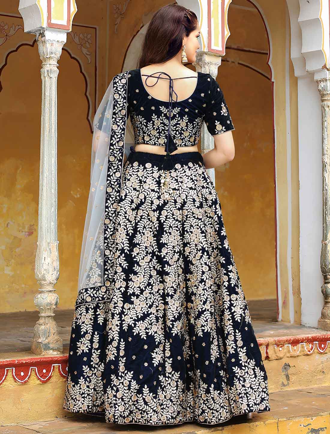 Navy Blue Velvet Ethnic Embroidery With Diamond Lehenga Choli