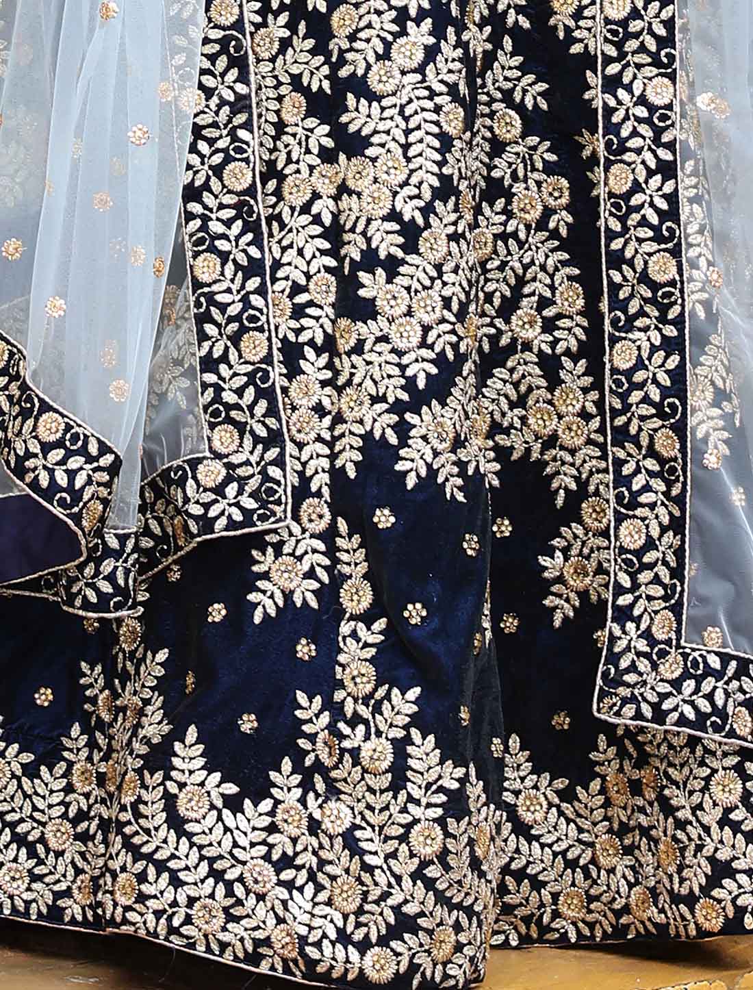 Navy Blue Velvet Ethnic Embroidery With Diamond Lehenga Choli