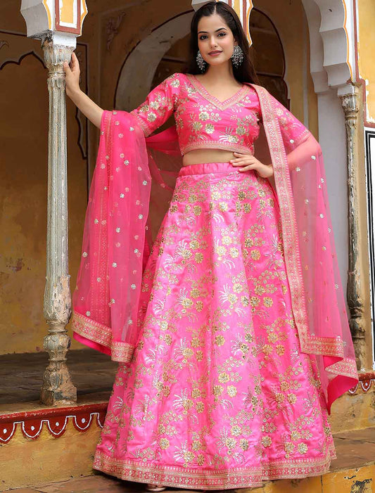 Pink Slub Silk Zari With Sequins Embroidery Ethnic Lehenga Choli