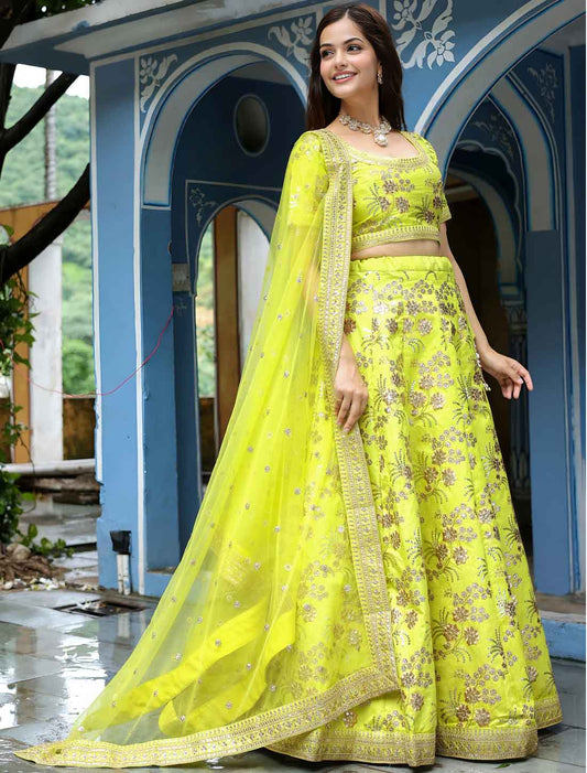 Ethnic Neon Slub Silk Zari With Sequins Embroidery Lehenga Choli
