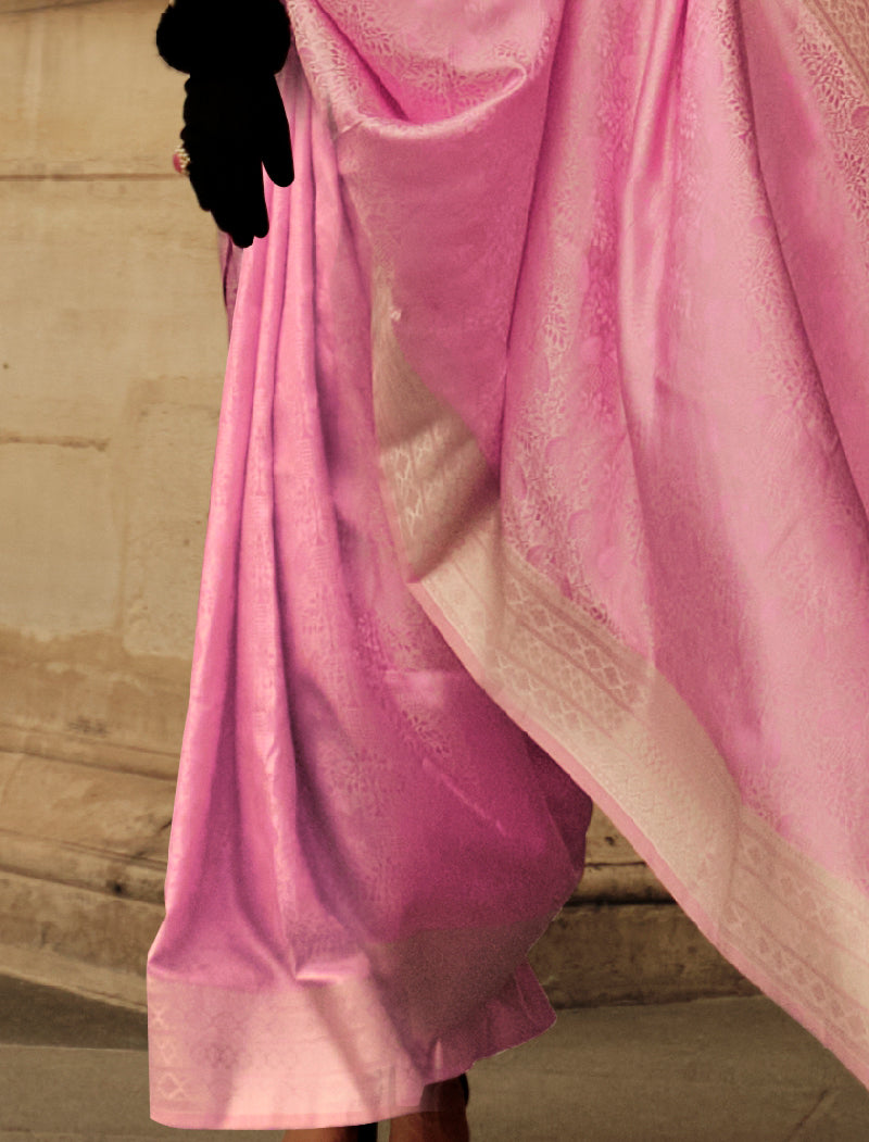 Pink Pure Self Satin Handloom Weaving Traditional Wear Saree With Blouse