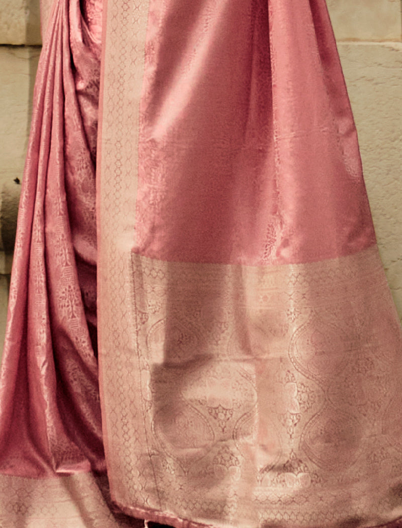 Peach Blue Pure Self Satin Handloom Weaving Traditional Wear Saree With Blouse