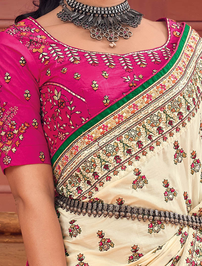 Cream Banaras Silk With Shana Silk Blouse Pure Kachhi Work An Diamond & Mirror Heavy Work Ethnic Sarees