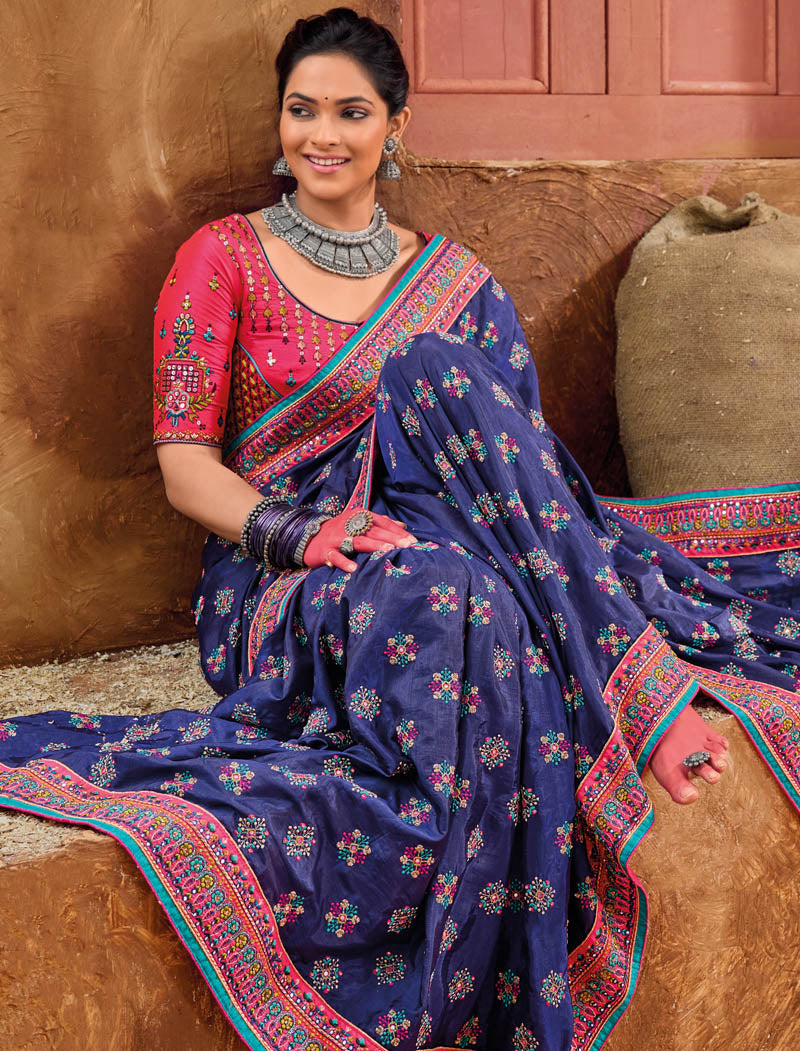 Purple Banaras Silk With Shana Silk Blouse Pure Kachhi Work An Diamond & Mirror Heavy Work Ethnic Sarees