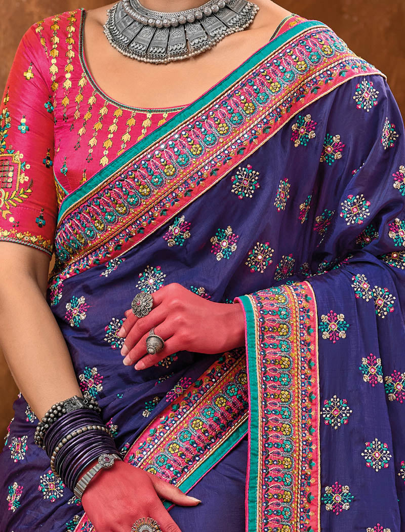 Purple Banaras Silk With Shana Silk Blouse Pure Kachhi Work An Diamond & Mirror Heavy Work Ethnic Sarees