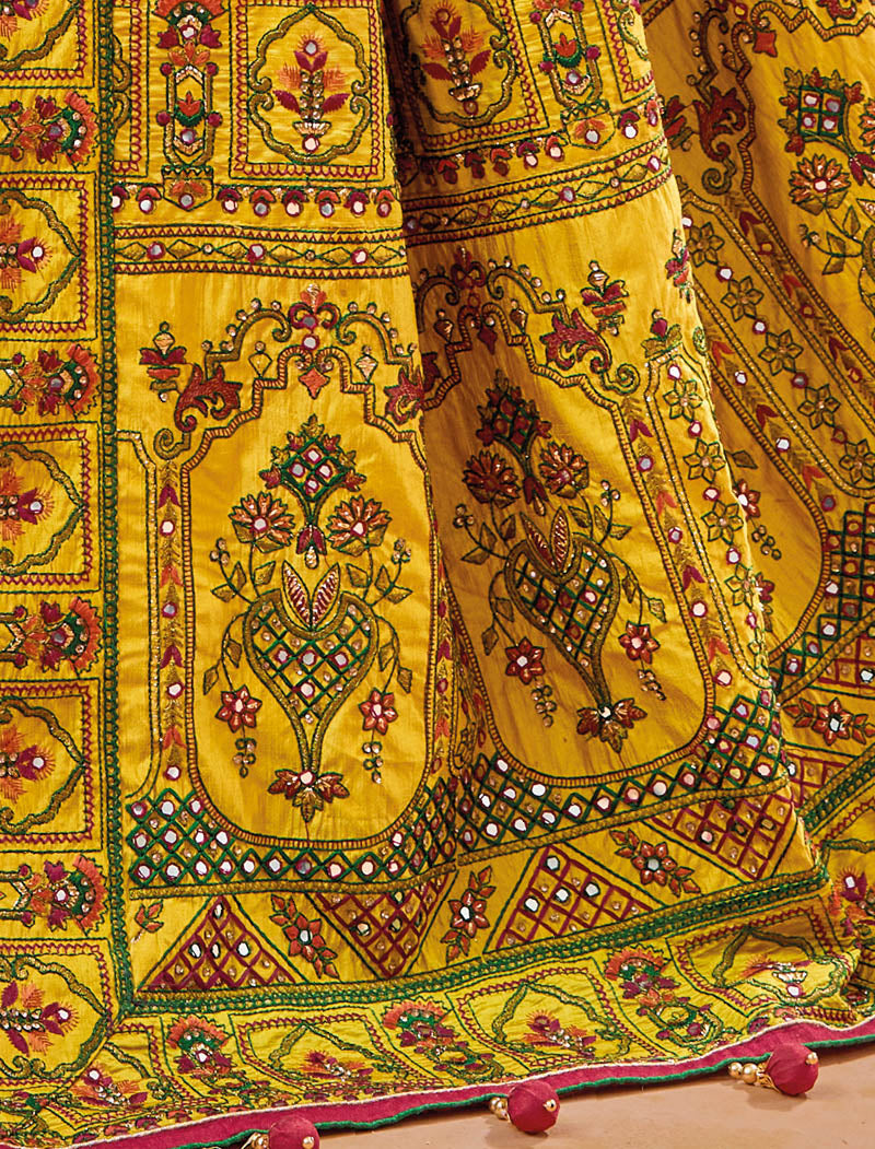 Yellow Banaras Silk With Monalisha Silk Blouse Pure Kachhi Work An Diamond & Mirror Heavy Work Ethnic Sarees