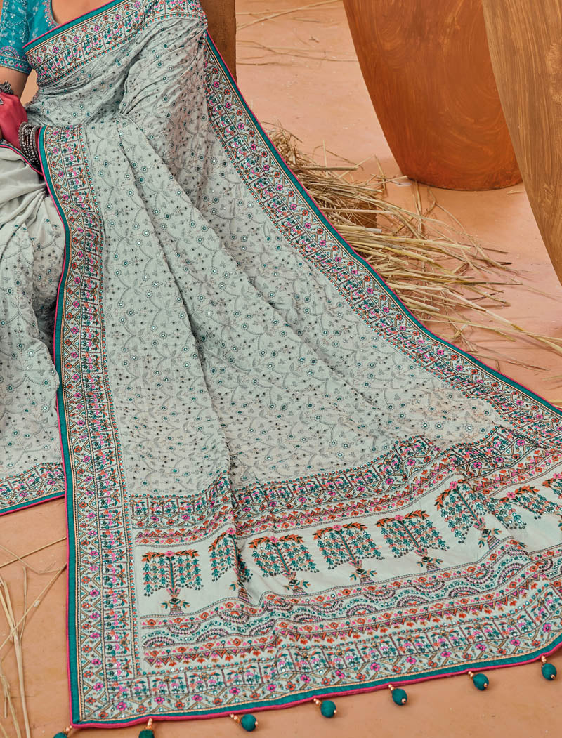 Grey Banaras Silk With Monalisha Silk Blouse Pure Kachhi Work An Diamond & Mirror Heavy Work Ethnic Sarees