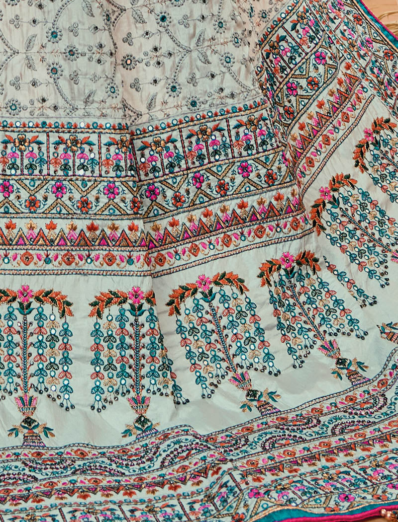 Grey Banaras Silk With Monalisha Silk Blouse Pure Kachhi Work An Diamond & Mirror Heavy Work Ethnic Sarees