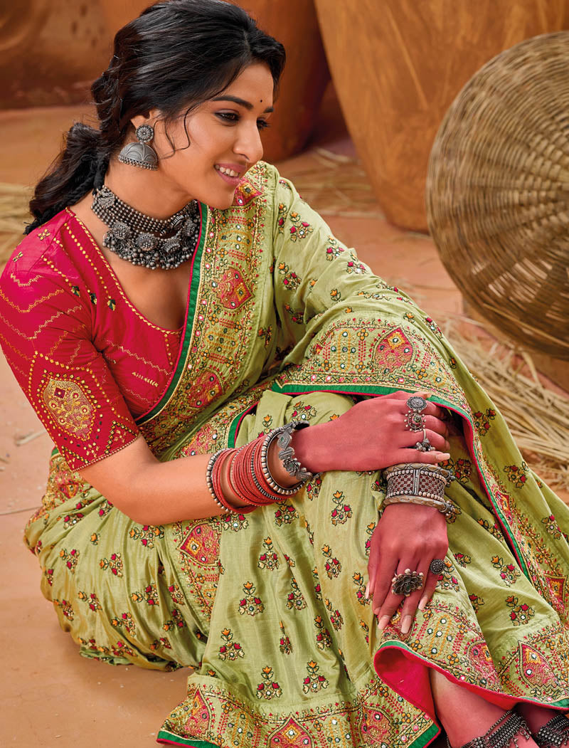 Mehandi Banaras Silk With Monalisha Silk Blouse Pure Kachhi Work An Diamond & Mirror Heavy Work Ethnic Sarees