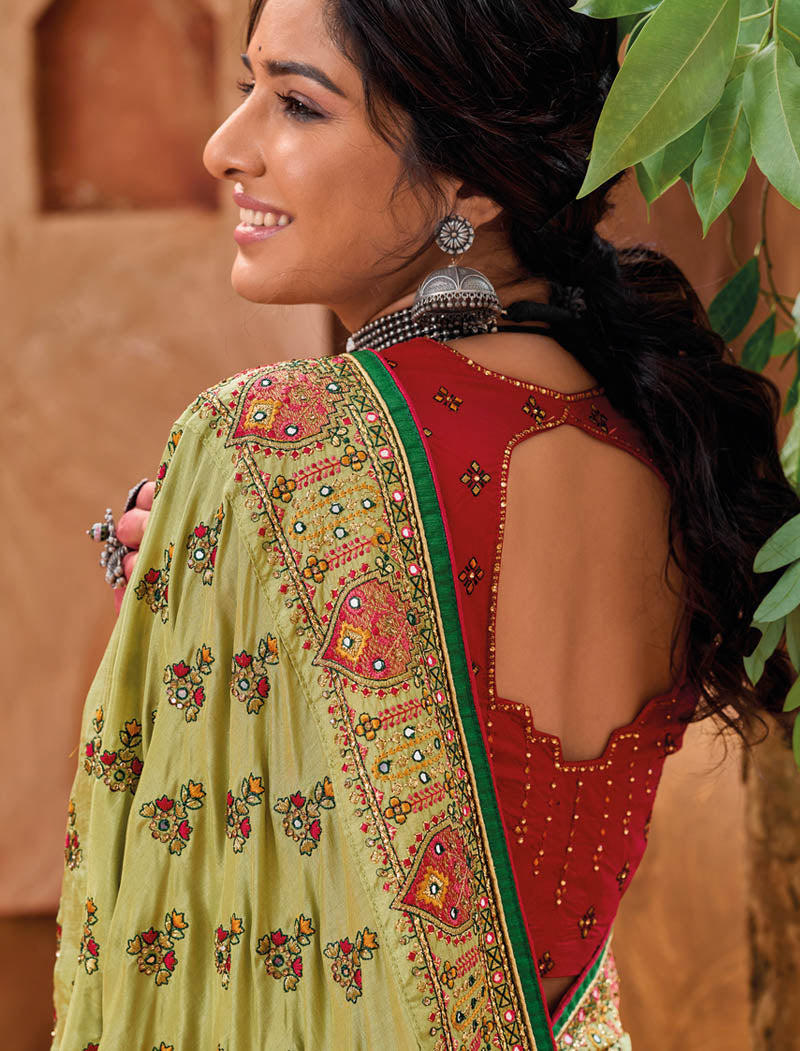 Mehandi Banaras Silk With Monalisha Silk Blouse Pure Kachhi Work An Diamond & Mirror Heavy Work Ethnic Sarees