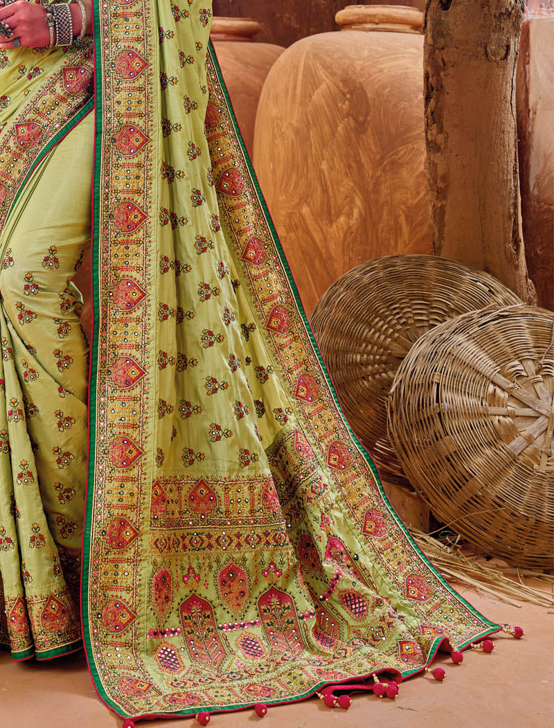 Mehandi Banaras Silk With Monalisha Silk Blouse Pure Kachhi Work An Diamond & Mirror Heavy Work Ethnic Sarees