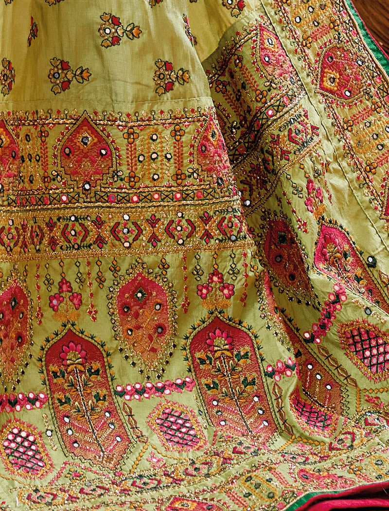 Mehandi Banaras Silk With Monalisha Silk Blouse Pure Kachhi Work An Diamond & Mirror Heavy Work Ethnic Sarees