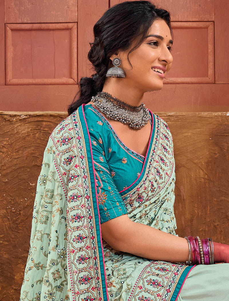 Pista Green Banaras Silk With Monalisha Silk Blouse Pure Kachhi Work An Diamond & Mirror Heavy Work Ethnic Sarees