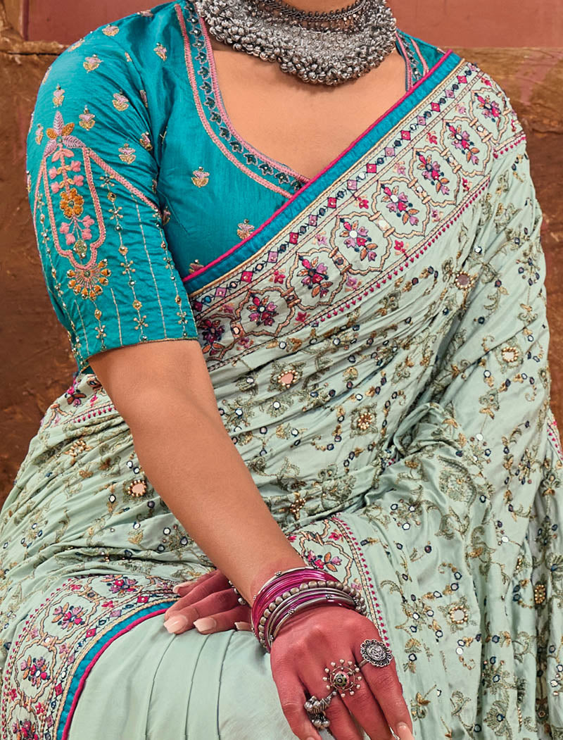 Pista Green Banaras Silk With Monalisha Silk Blouse Pure Kachhi Work An Diamond & Mirror Heavy Work Ethnic Sarees