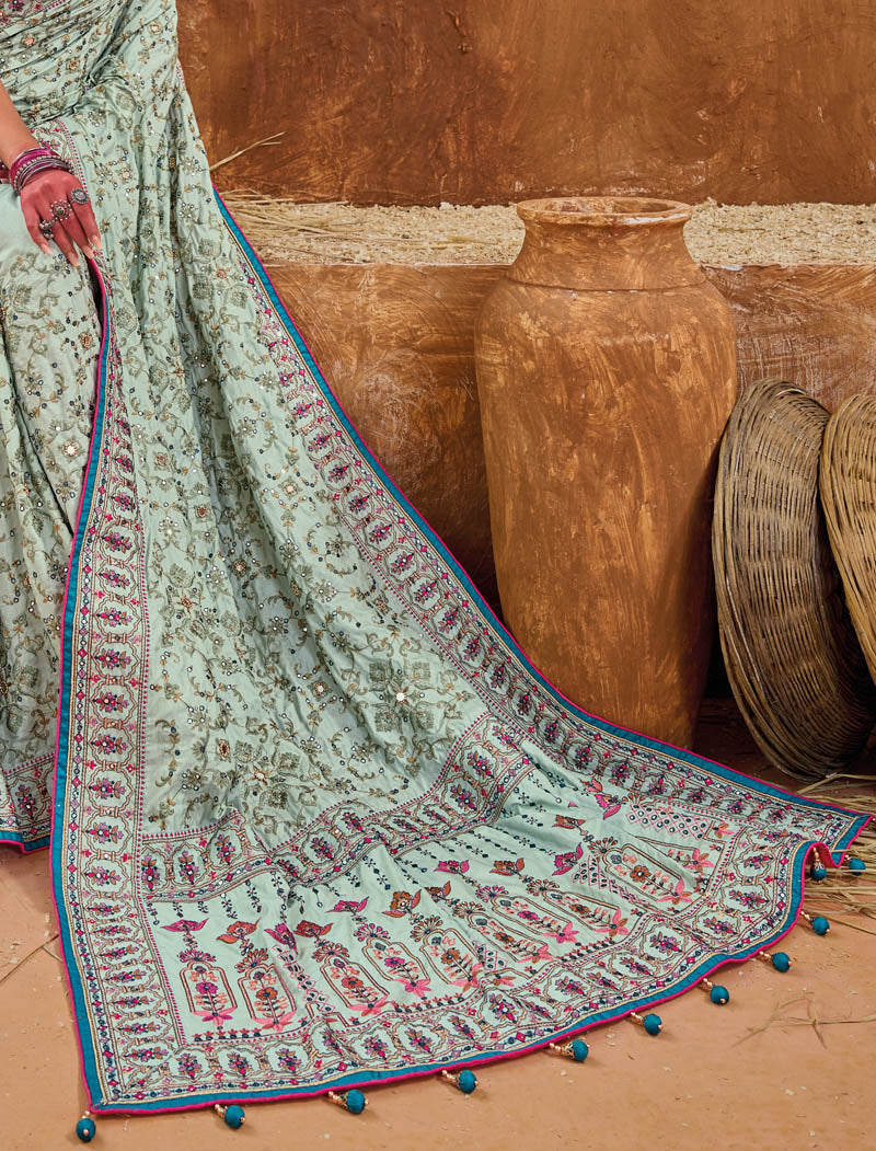 Pista Green Banaras Silk With Monalisha Silk Blouse Pure Kachhi Work An Diamond & Mirror Heavy Work Ethnic Sarees