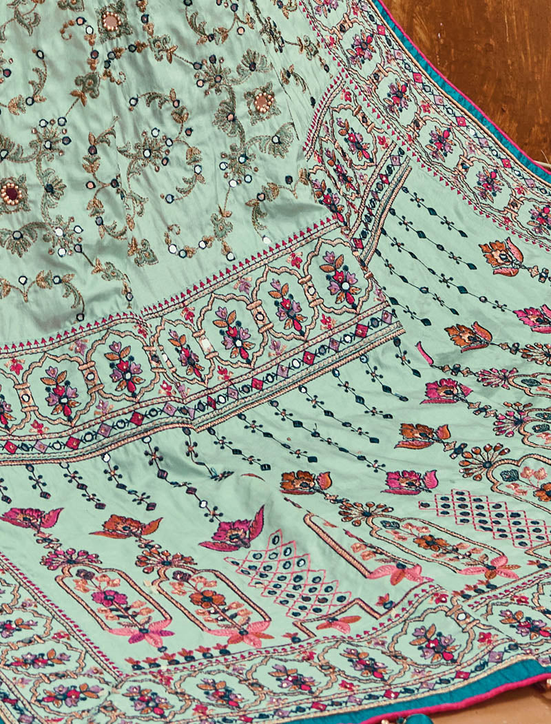 Pista Green Banaras Silk With Monalisha Silk Blouse Pure Kachhi Work An Diamond & Mirror Heavy Work Ethnic Sarees