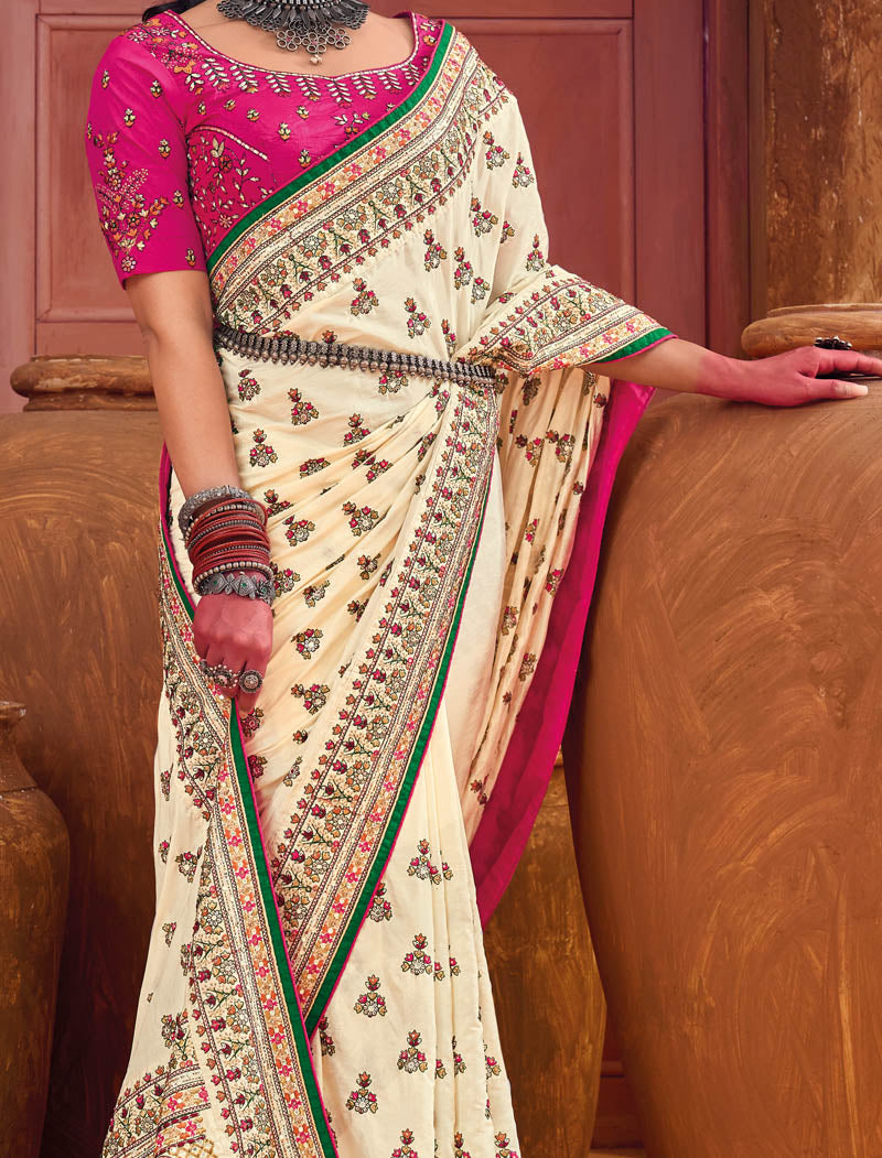 Cream Banaras Silk With Shana Silk Blouse Pure Kachhi Work An Diamond & Mirror Heavy Work Ethnic Sarees