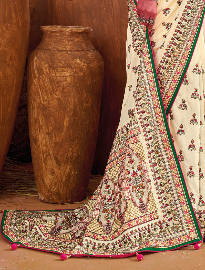 Cream Banaras Silk With Shana Silk Blouse Pure Kachhi Work An Diamond & Mirror Heavy Work Ethnic Sarees