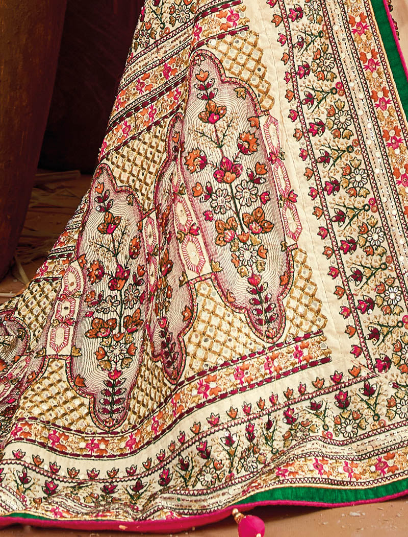 Cream Banaras Silk With Shana Silk Blouse Pure Kachhi Work An Diamond & Mirror Heavy Work Ethnic Sarees