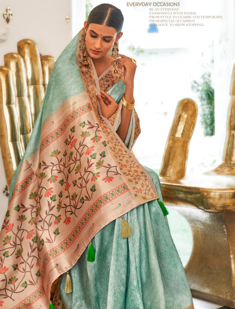 Sea Green Fancy Silk Digital Printed With Self Design Border And Pullu UnStitched Weaving Saree