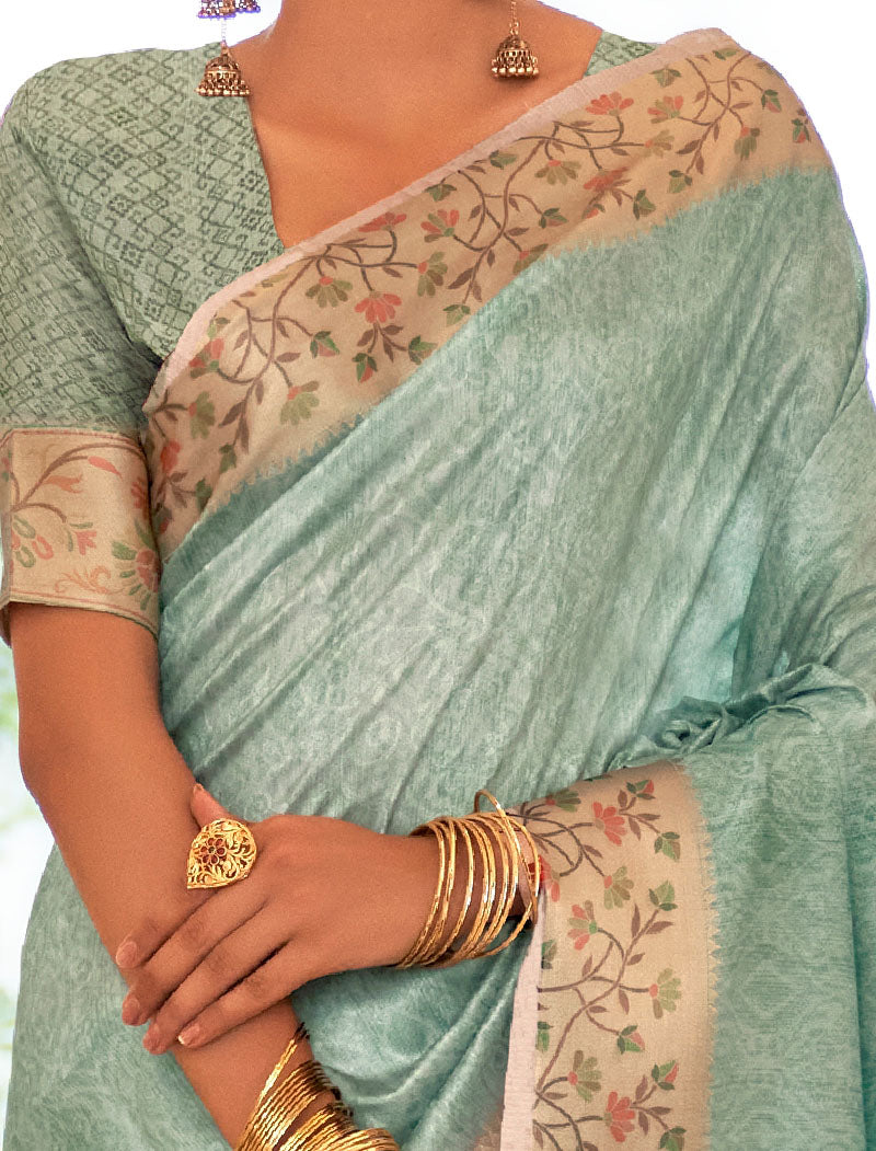 Sea Green Fancy Silk Digital Printed With Self Design Border And Pullu UnStitched Weaving Saree