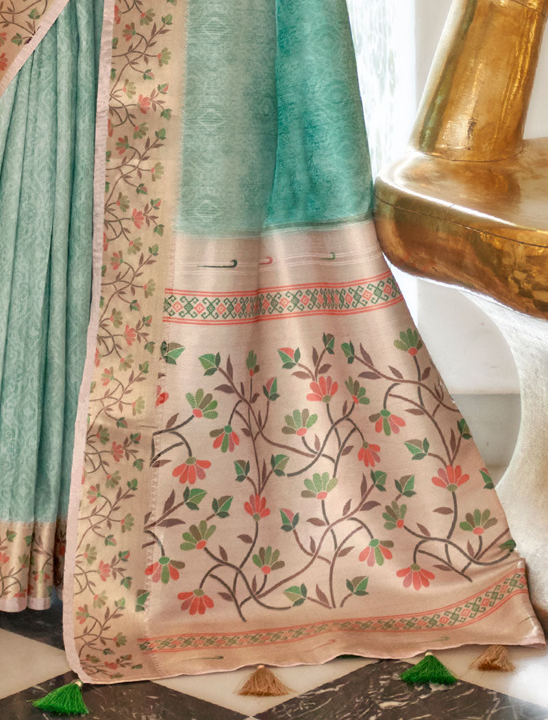 Sea Green Fancy Silk Digital Printed With Self Design Border And Pullu UnStitched Weaving Saree