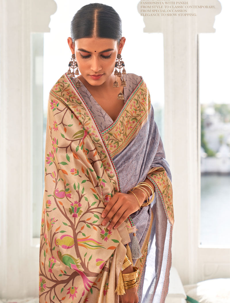Light Blue Fancy Silk Digital Printed With Self Design Border And Pullu UnStitched Weaving Saree