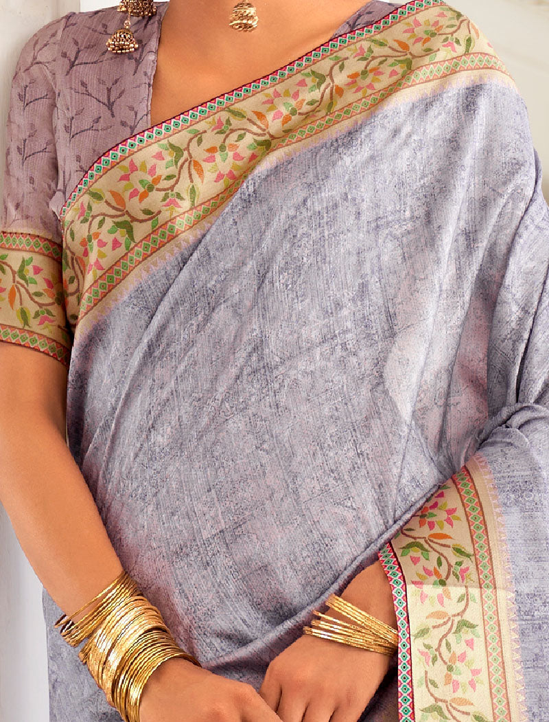Light Blue Fancy Silk Digital Printed With Self Design Border And Pullu UnStitched Weaving Saree