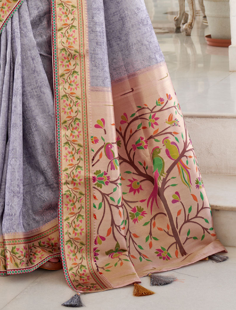 Light Blue Fancy Silk Digital Printed With Self Design Border And Pullu UnStitched Weaving Saree