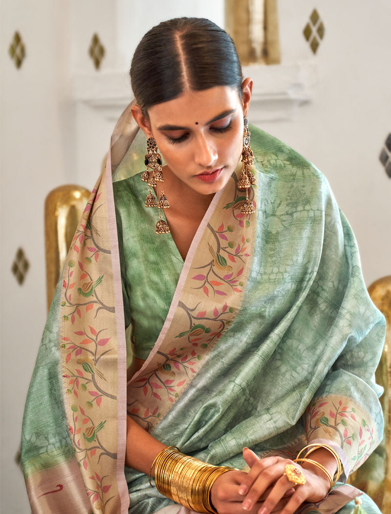 Pista Green Fancy Silk Digital Printed With Self Design Border And Pullu UnStitched Weaving Saree