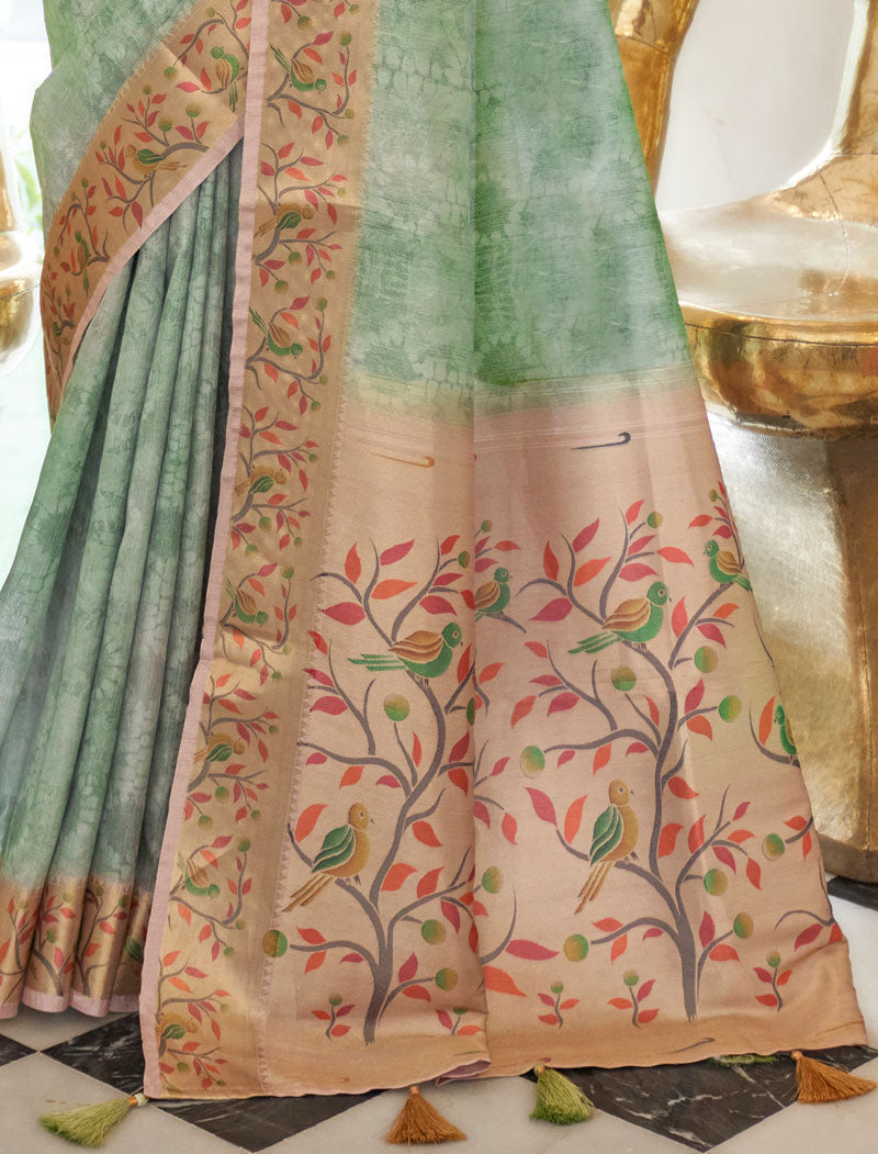 Pista Green Fancy Silk Digital Printed With Self Design Border And Pullu UnStitched Weaving Saree