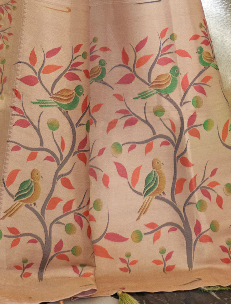 Pista Green Fancy Silk Digital Printed With Self Design Border And Pullu UnStitched Weaving Saree