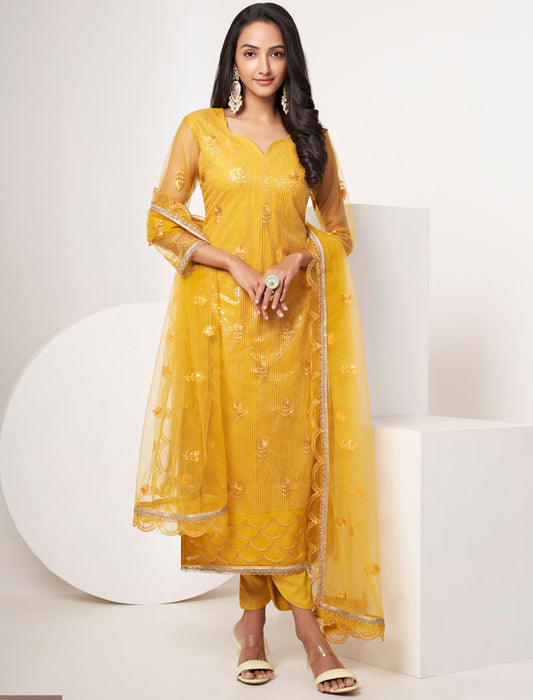 Yellow Butterfly Net Tone To Tone Thread Work Transparent Sequence Embroidery With Fancy Lace Our Latest SemiStitched Salwar Suit