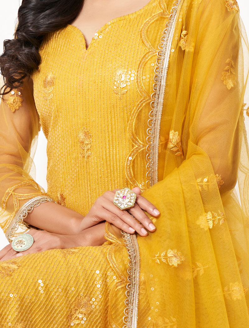 Yellow Butterfly Net Tone To Tone Thread Work Transparent Sequence Embroidery With Fancy Lace Our Latest SemiStitched Salwar Suit