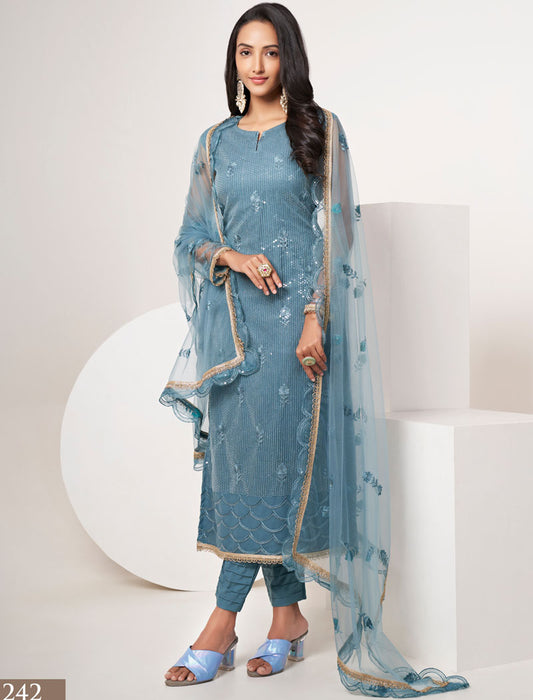 Blue Butterfly Net Tone To Tone Thread Work Transparent Sequence Embroidery With Fancy Lace Our Latest SemiStitched Salwar Suit
