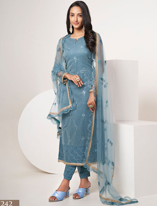 Blue Butterfly Thread Work Ethnic Semi Stitched Women Salwar Suit With Sequence Embroidery